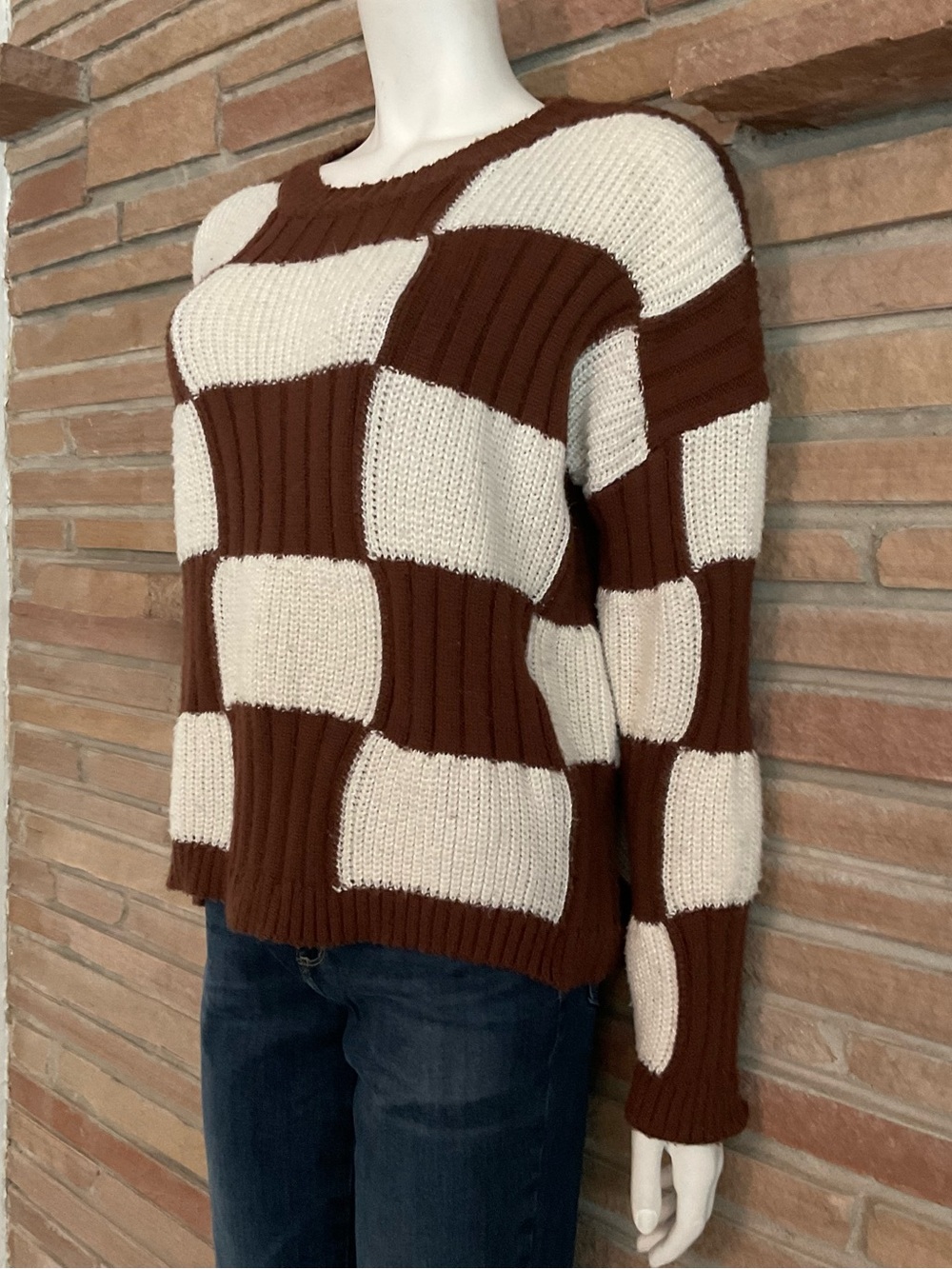 Better Be Checkerboard Sweater Brown Cream Small